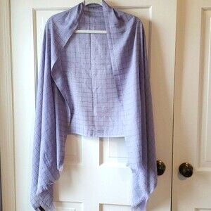 AHUSE BLUE GRAY WINDOWPANE WRAP/ SCARF METALLIC ACCENTS FRINGE